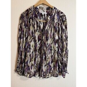 Chico’s Blouse 1.5 Size 10 Button Up Office Ikat Purple Gold White Dressy EUC